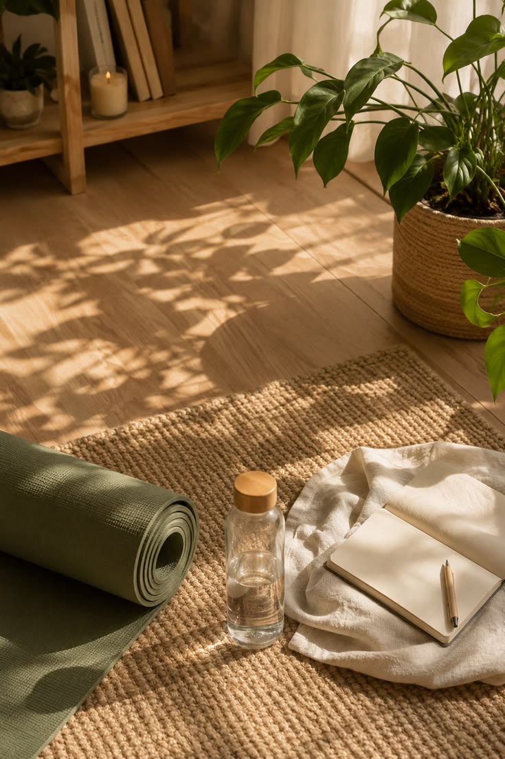 Sunlit room with a rolled yoga mat, water bottle and open notebook